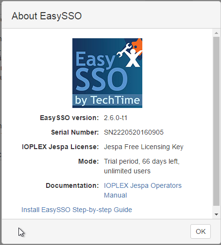 The About EasySSO pop up shows you information about your EasySSO installation.