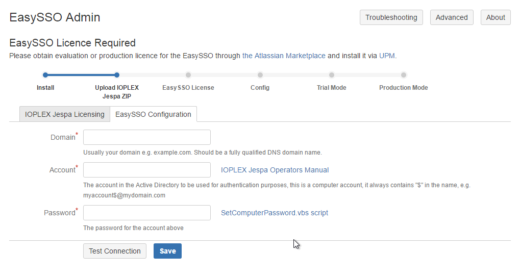 The new look of the EasySSO configuration page